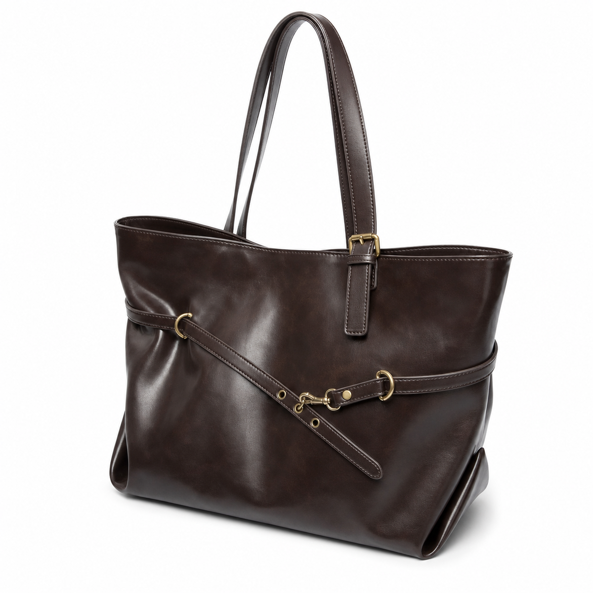 Kingsbury Buckle Vegan Leather Tote Bag - coffee-angle-1