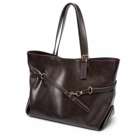 Kingsbury Buckle Vegan Leather Tote Bag - coffee-angle-1